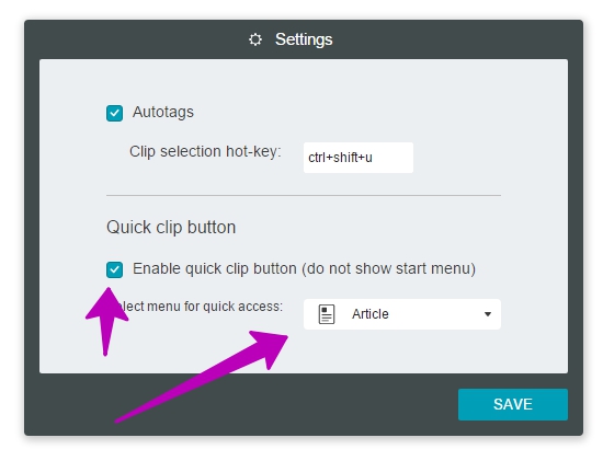 In Settings, enable quick clip button and select Article from the drop-down menu.