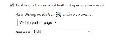 Enable quick screenshot - allows making screenshots in a single click. For instance, if you select Visible Area and Edit, clicking on the app icon will automatically make a screenshot of the visible area and open it for editing.